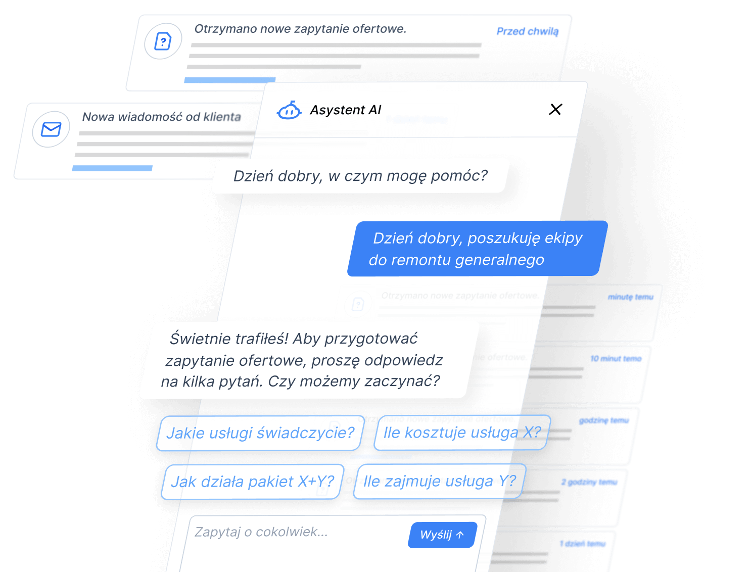 Interfejs czatu Asystent.cloud na komputerze - pełna demonstracja AI asystenta obsługującego klienta